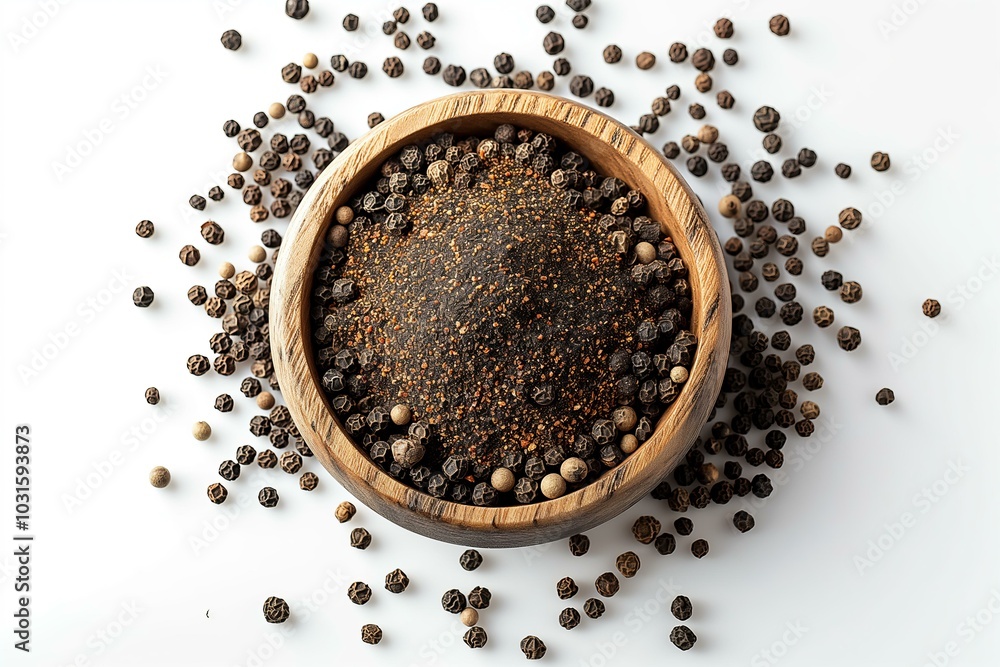 Set of Black pepper in wooden bowl isolated on white background. Set of Black pepper in wooden bowl isolated on white background.