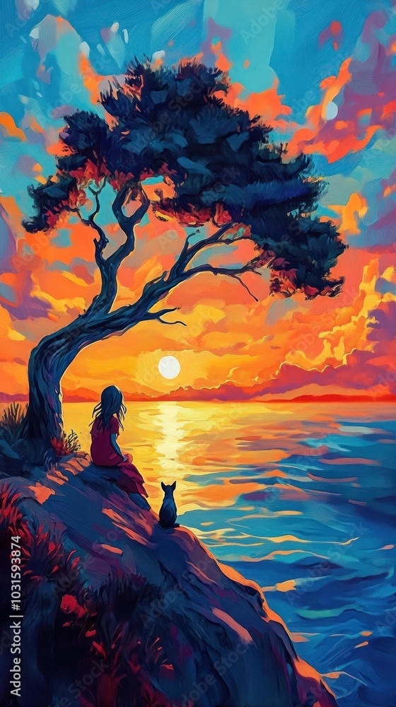 A serene sunset scene with a person and a cat by the water, surrounded by vibrant colors. A serene sunset scene with a person and a cat by the water, surrounded by vibrant colors.