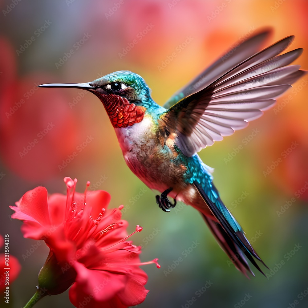 Fototapeta premium Hummingbird in Mid-Air Feeding from a Flower