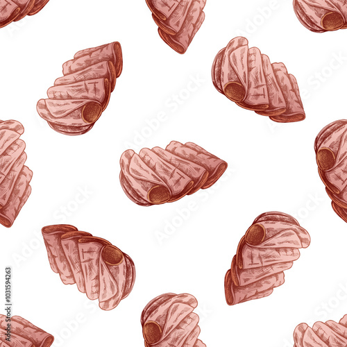 Hand-drawn vector seamless pattern of bacon, hamon or pork meat, ham slices. Italian prosciutto vintage sketch. Butcher shop. Great for label, restaurant menu. Engraved image.