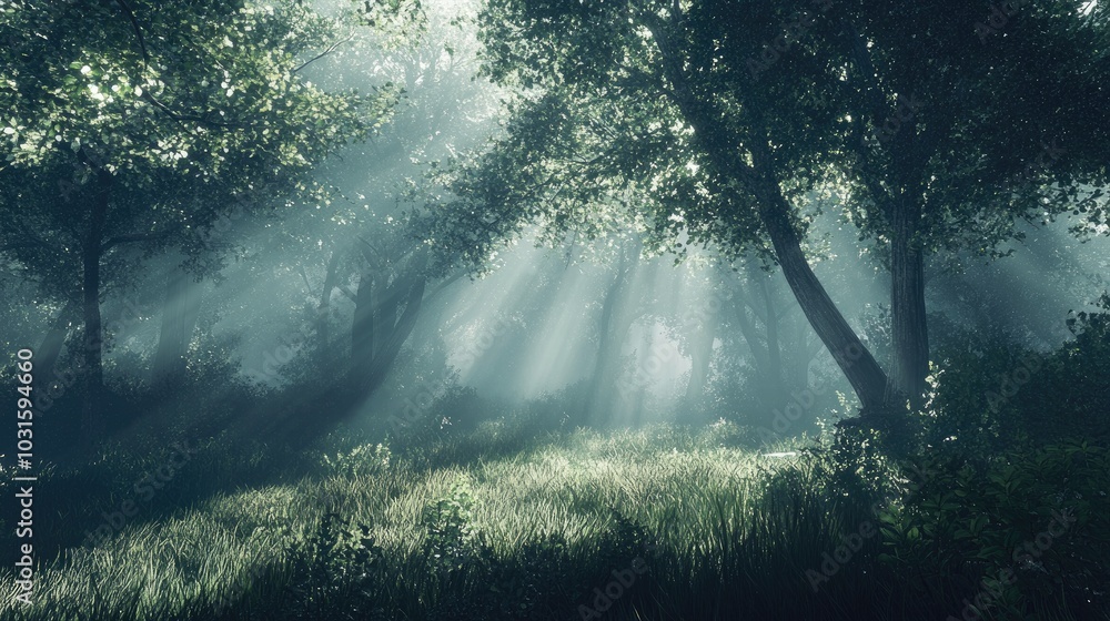 Sunbeams Through Misty Forest, Sunlight Through Trees, Green Forest Scenery Sunbeams Through Misty Forest, Sunlight Through Trees, Green Forest Scenery
