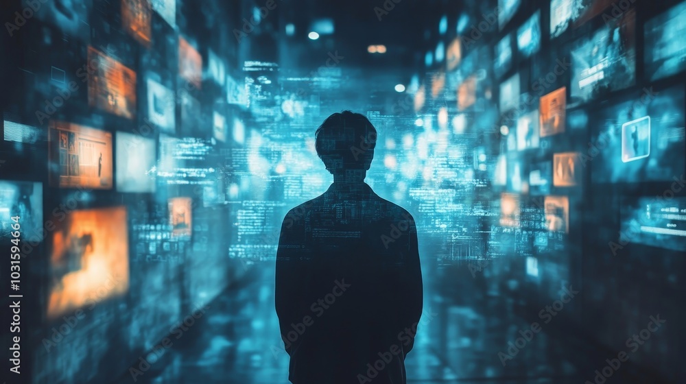 Online Privacy person surrounded by their digital footprint in the form of social media posts, emails, and browsing history, emphasizing the need for privacy protection, Generative AI Online Privacy person surrounded by their digital footprint in the form of social media posts, emails, and browsing history, emphasizing the need for privacy protection, Generative AI