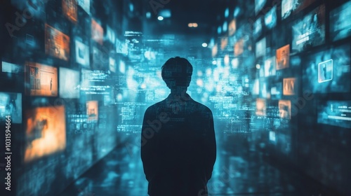 Online Privacy person surrounded by their digital footprint in the form of social media posts, emails, and browsing history, emphasizing the need for privacy protection, Generative AI