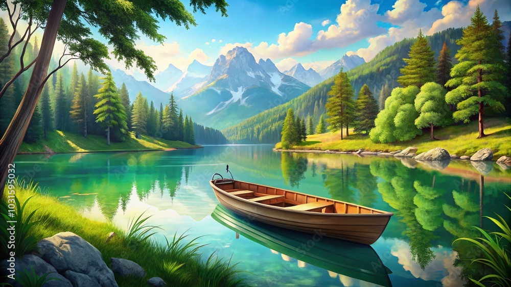 Serene Cartoon Landscape with Lake and Wooden Boat in Majestic Mountains Serene Cartoon Landscape with Lake and Wooden Boat in Majestic Mountains