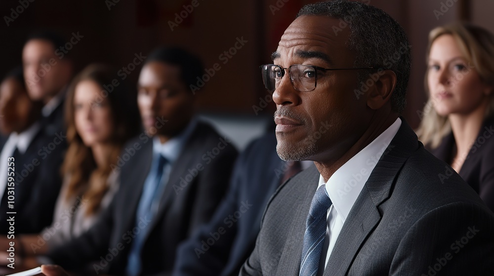 Employment lawyer representing a group of employees in a class-action lawsuit, discussing worker rights in a legal briefing Employment lawyer representing a group of employees in a class-action lawsuit, discussing worker rights in a legal briefing
