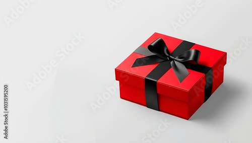 Elegant red gift box tied with a red ribbon bow, resting on a clean white background. Ideal for holiday promotions, gift related ads, or celebratory greeting card designs.