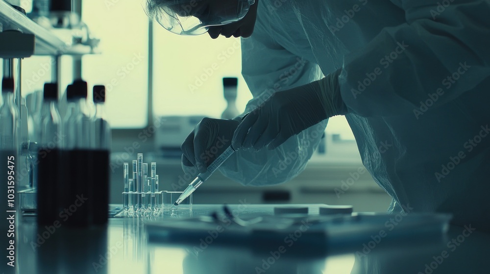 A Scientist in a Lab Coat Using a Pipette to Transfer Liquid into a Test Tube A Scientist in a Lab Coat Using a Pipette to Transfer Liquid into a Test Tube