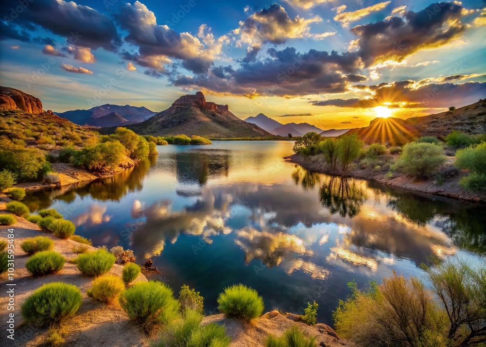 Obraz premium Serene Desert Mountain Lake Landscape for Environmental Awareness