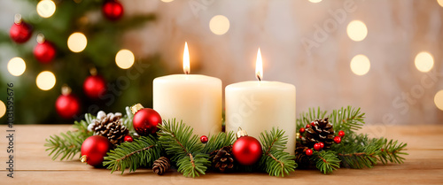  Christmas decoration with candles and blur bokeh light in the background 