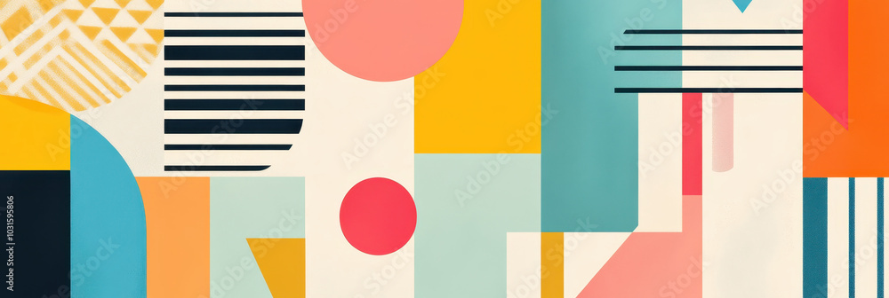 Stylish abstract background with bold geometric shapes including circles, triangles, and rectangles in vibrant colors creating a modern design.