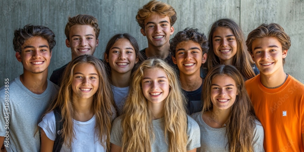Group of diverse and enthusiastic students gather for a portrait capturing the essence of their youthful energy and camaraderie, Generative AI Group of diverse and enthusiastic students gather for a portrait capturing the essence of their youthful energy and camaraderie, Generative AI