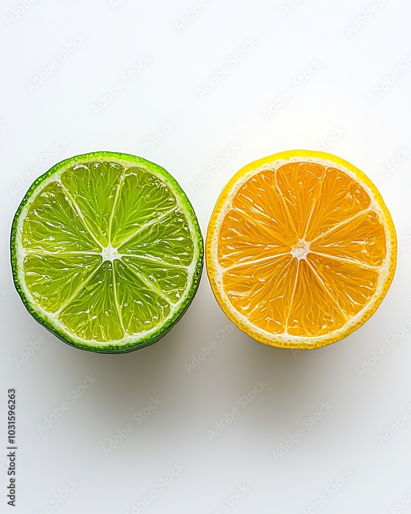 Lemon and lime halves intertwined, citrus duo on white background Lemon and lime halves intertwined, citrus duo on white background