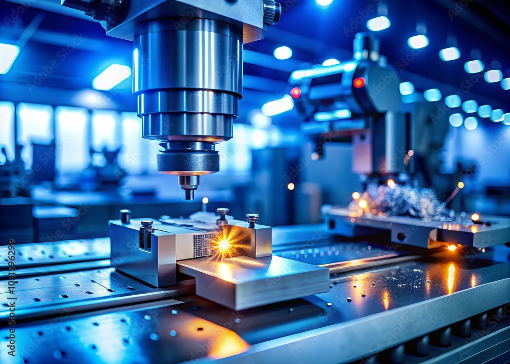 High-Tech CNC Machine in a Sleek Factory with Glowing Blue Lights - Cutting-Edge Engineering and Modern Manufacturing High-Tech CNC Machine in a Sleek Factory with Glowing Blue Lights - Cutting-Edge Engineering and Modern Manufacturing