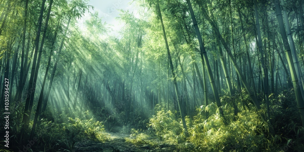 Sunbeams illuminate a misty bamboo forest. Sunbeams illuminate a misty bamboo forest.