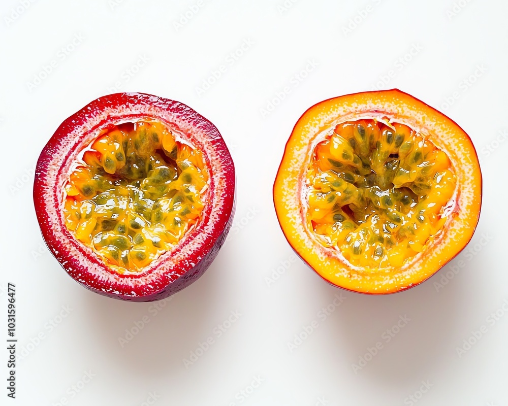 Mango and passion fruit halves, juicy tropical pair on white background Mango and passion fruit halves, juicy tropical pair on white background