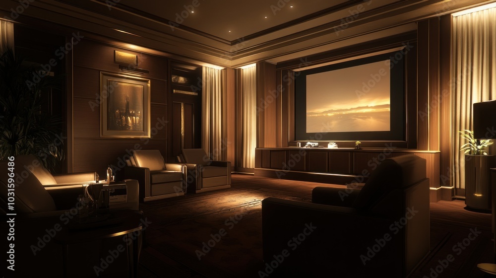 Luxurious Home Theater with Sunset Projection and Comfortable Seating Luxurious Home Theater with Sunset Projection and Comfortable Seating
