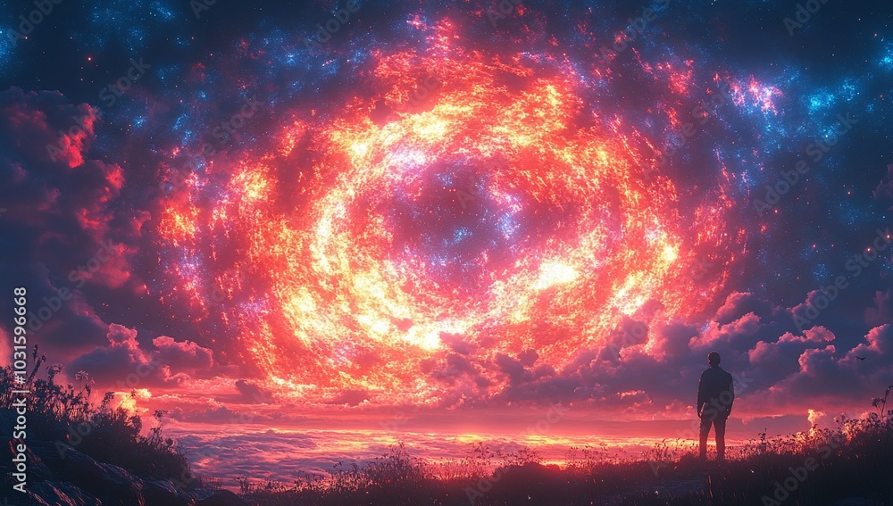 A person gazes at a vibrant, cosmic scene filled with swirling colors and clouds. A person gazes at a vibrant, cosmic scene filled with swirling colors and clouds.