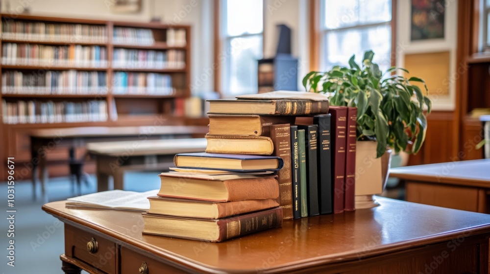 Obraz premium Book stack on the desk in a public library. 