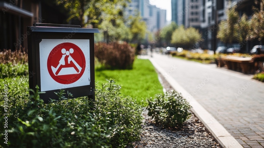 A sign indicating no running in a landscaped urban area. A sign indicating no running in a landscaped urban area.