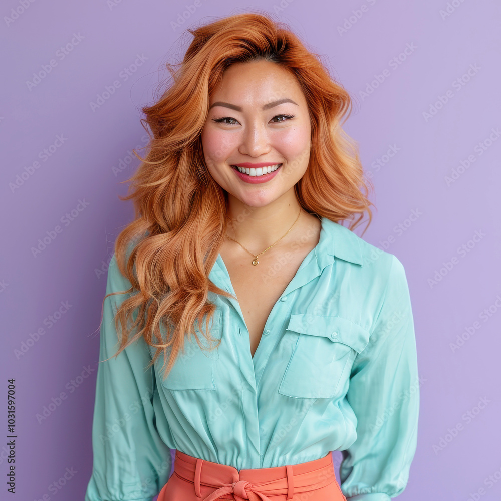 Portrait of a smiling strawberry blonde person in their 30s against a purple background wearing a light teal shirt and salmon-colored pants Portrait of a smiling strawberry blonde person in their 30s against a purple background wearing a light teal shirt and salmon-colored pants