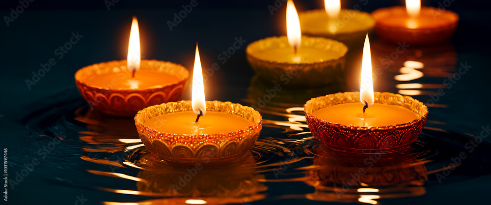 Burning candles in water for Diwali holiday, created with Generative AI technology Burning candles in water for Diwali holiday, created with Generative AI technology