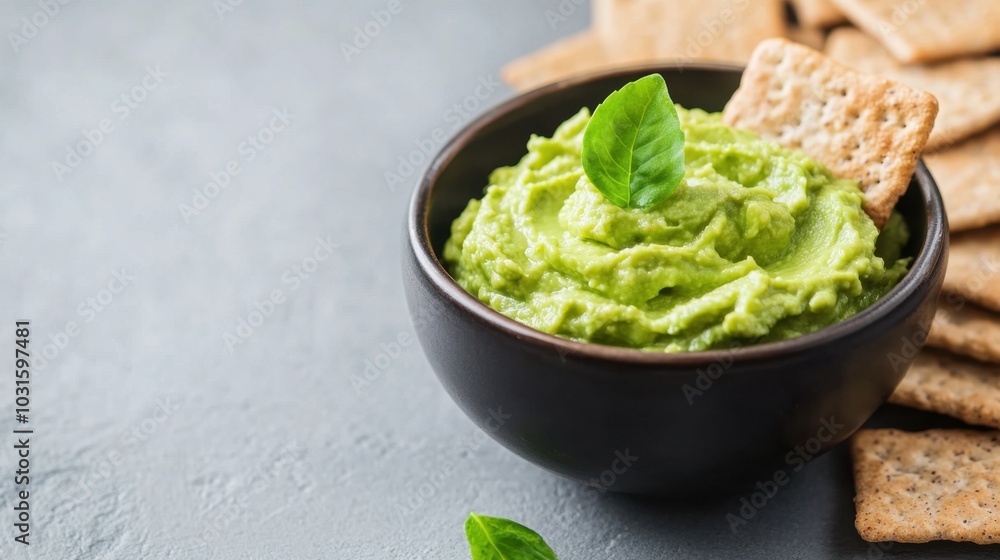 Guacamole Dip with Crackers and Basil Leaf Guacamole Dip with Crackers and Basil Leaf