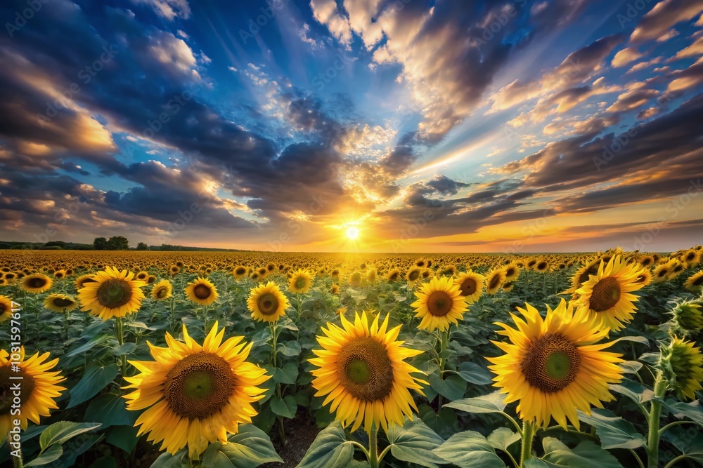 Fototapeta premium Serene Long Exposure of a Sunflower Field at Dusk with Dreamy Skies