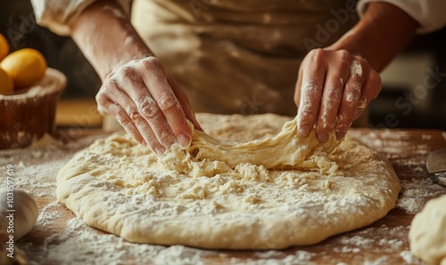 Pizza Process Dough Preparation Close-up shots of the hands kneading and stretching pizza dough on a floured surface, emphasizing the tactile and hands-on nature of the, Generative AI