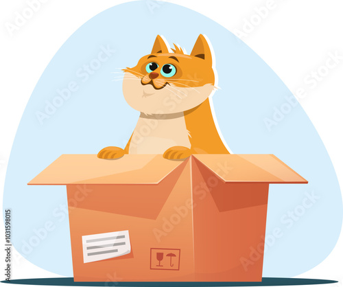 ginger cat sitting in a cardboard box.