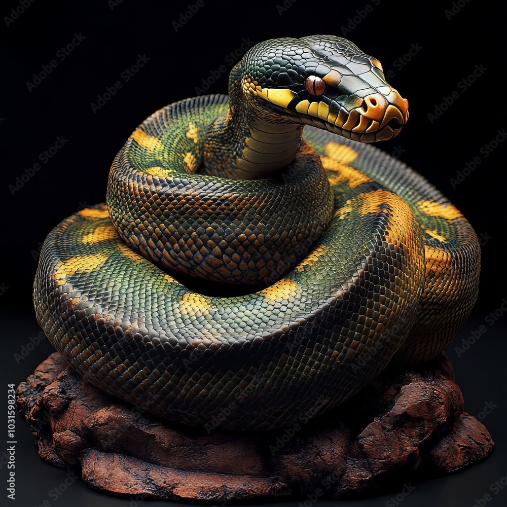 A powerful python with dark green and brown scales A powerful python with dark green and brown scales