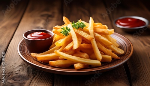 Crispy golden french fries piled high on a white plate, served with ketchup photo