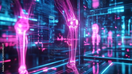 Futuristic skeletal scan reveals a glowing knee injury, surrounded by pulsating neon holograms showcasing advanced healing tech, floating in a holographic world