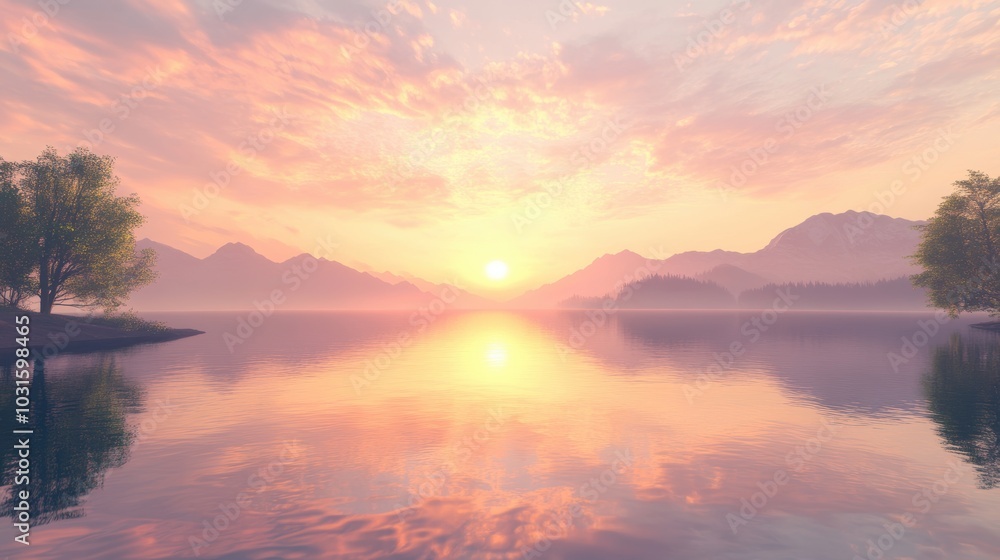 Sunset over calm lake with mountains and trees. Sunset over calm lake with mountains and trees.