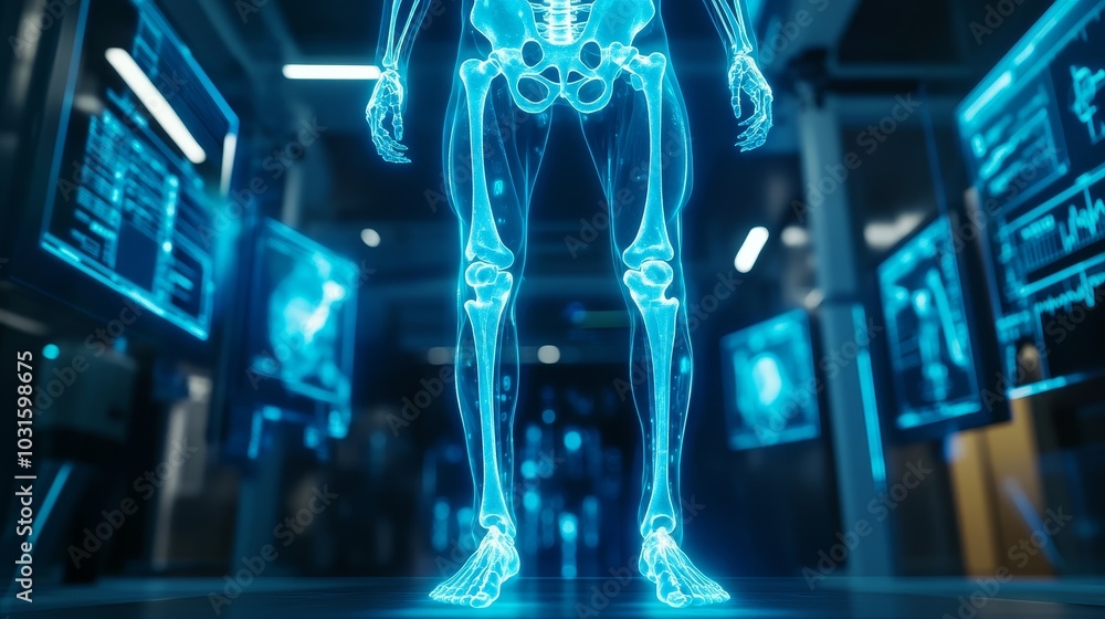 Fototapeta premium Futuristic skeleton hologram, knee joint scan with vivid blue energy pulses, surrounded by floating medical diagnostics, high-tech medical room, Sci-fi, Glowing holograms
