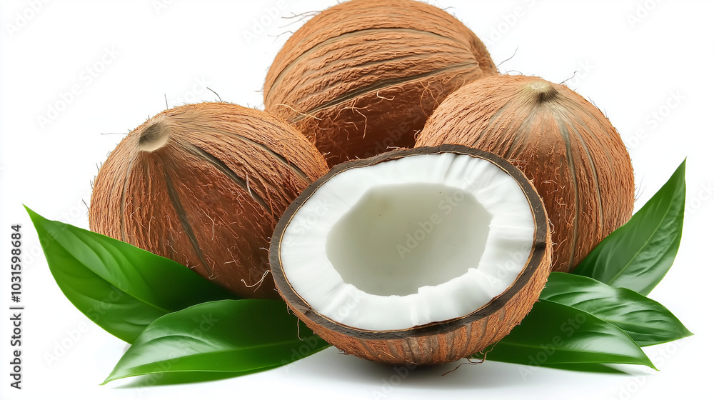 Tropical Freshness Whole and Sliced Coconuts with Lush Green Leaves Tropical Freshness Whole and Sliced Coconuts with Lush Green Leaves