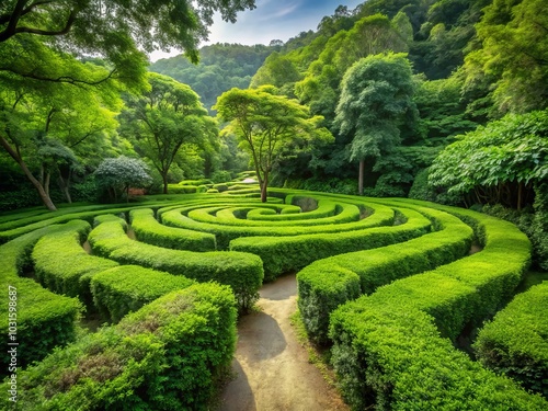 Labyrinth Walking Journey Through a Green Maze with Copy Space for Reflection and Exploration, Ideal for Mindfulness, Adventure, and Nature Lovers' Themes