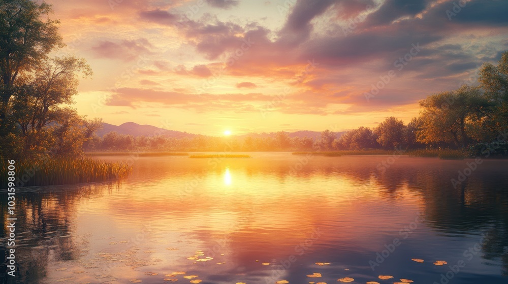 Fototapeta premium Golden sunset over a tranquil lake.