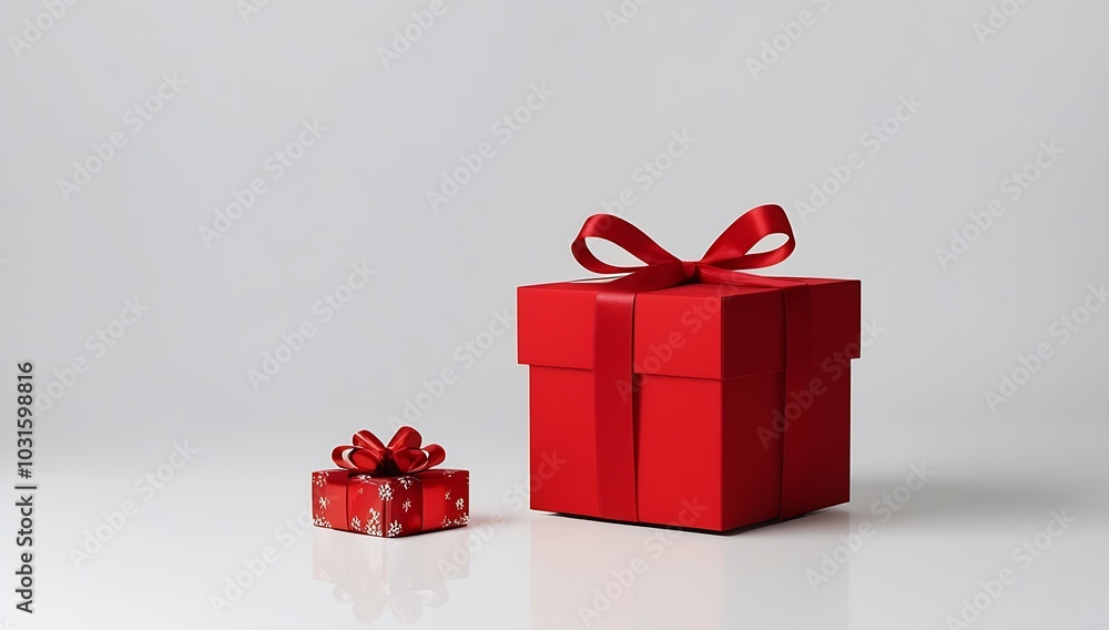 Obraz premium A red gift box tied with a matching red ribbon bow, resting on a clean white background. Ideal for Christmas, birthdays, and other celebratory events requiring elegance and simplicity.