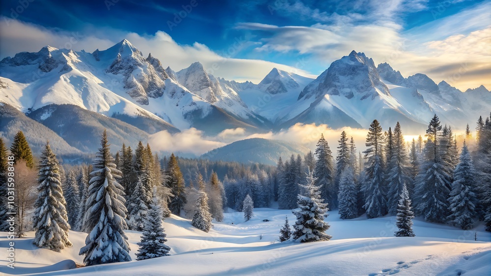 Serene winter mountain landscape featuring snow-covered fir trees, majestic mountains, and a clear sky with clouds. Serene winter mountain landscape featuring snow-covered fir trees, majestic mountains, and a clear sky with clouds.