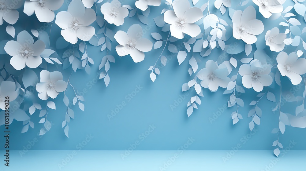 A beautiful arrangement of white paper flowers and leaves cascading against a serene blue background, perfect for spring-themed designs and decorations. A beautiful arrangement of white paper flowers and leaves cascading against a serene blue background, perfect for spring-themed designs and decorations.