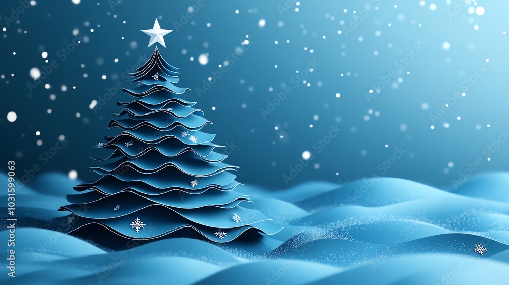 A beautiful blue Christmas tree adorned with a star sits atop gentle hills of snow, surrounded by softly falling snowflakes, creating a serene winter scene. A beautiful blue Christmas tree adorned with a star sits atop gentle hills of snow, surrounded by softly falling snowflakes, creating a serene winter scene.