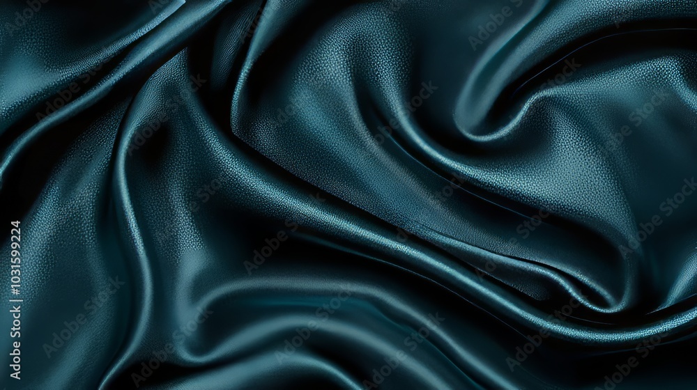 Fototapeta premium Dark teal green silk satin. Shiny smooth fabric, soft folds. Luxury background with space for design. Flat lay, top view. Birthday, Christmas, Valentineâ€™s, New Yearâ€™s theme. 