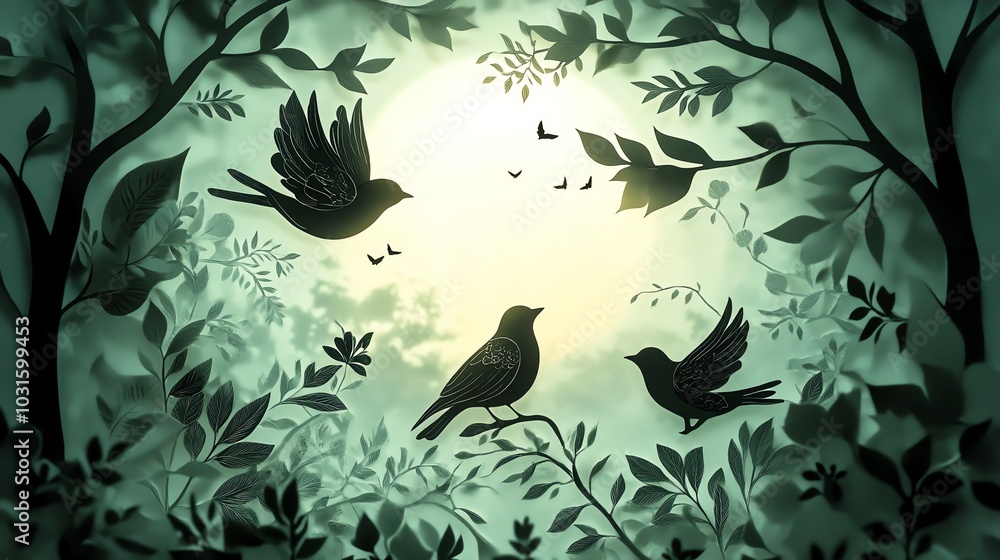 A serene illustration of birds flying among lush green foliage, illuminated by soft light, creating a tranquil and peaceful atmosphere in nature. A serene illustration of birds flying among lush green foliage, illuminated by soft light, creating a tranquil and peaceful atmosphere in nature.