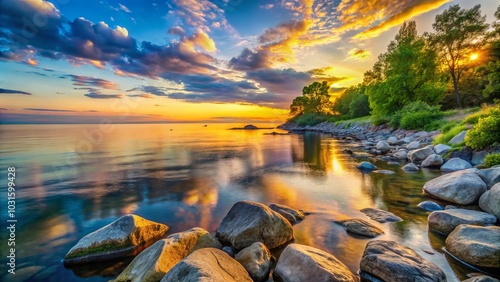 Long Exposure Drone Photography of Rocky Shores at Sunrise over Lake Ontario - Serene Landscape, Natural Beauty, Tranquil Waters, Scenic View, Morning Light, Coastal Photography