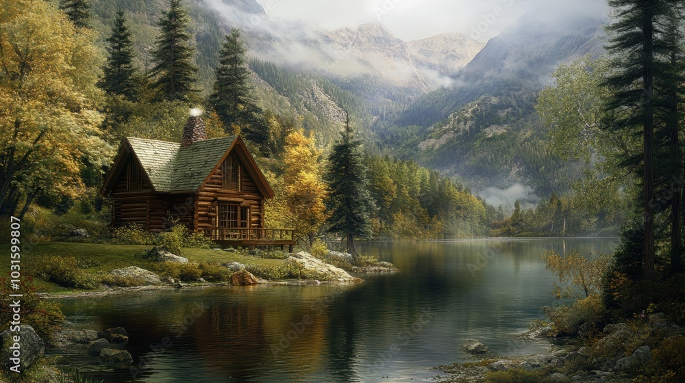 Fototapeta premium Wooden cabin by misty lake in mountains.