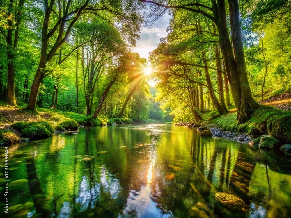 Serene River Flowing Through Lush Green Forest Landscape with Reflections and Sunlight Filtering Through Trees Serene River Flowing Through Lush Green Forest Landscape with Reflections and Sunlight Filtering Through Trees