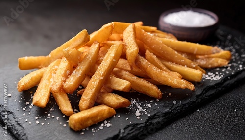 Crispy golden french fries piled high on a white plate, served with flaky baked fish for a classic fish and chips meal