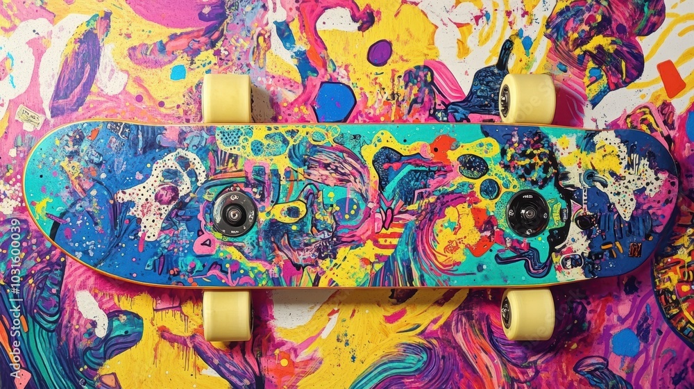 Fototapeta premium Colorful skateboard on painted surface.