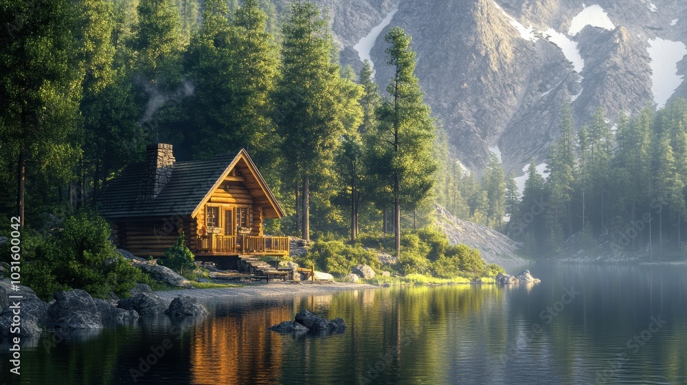 Fototapeta premium A wooden cabin sits by a lake in a forest.