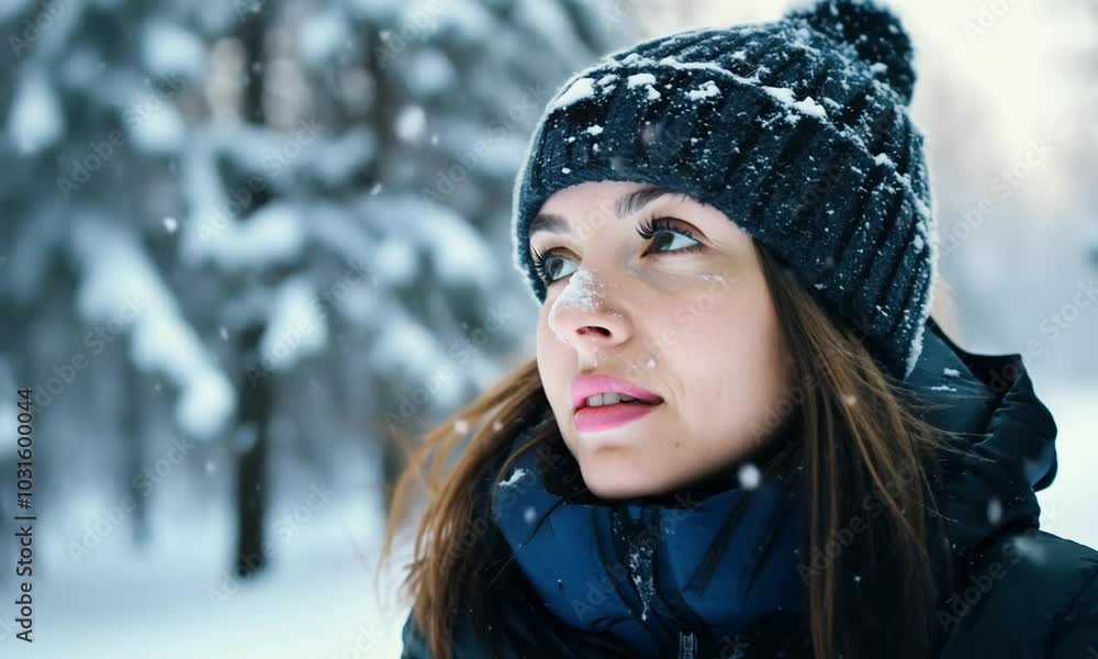 Woman smiling with snowflakes on her face. Woman smiling with snowflakes on her face.
